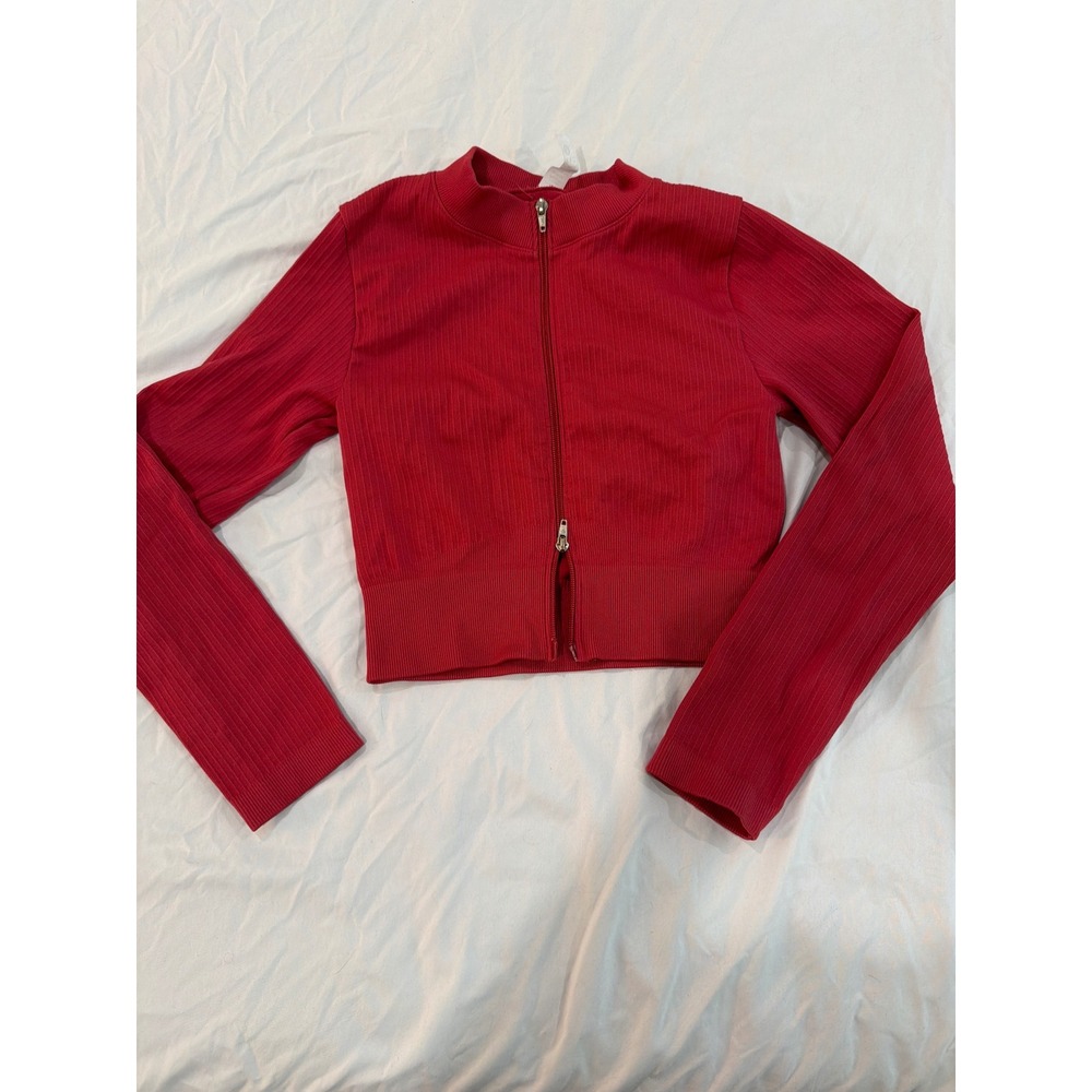 OTOS Womens Ribbed Zip Up Long Sleeve Crop Top Red Mock Neck Athletic Y88771 M
